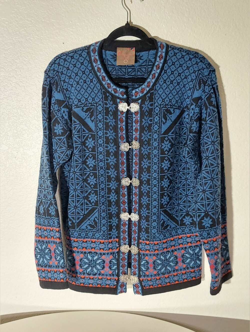 Christiana Sweaters Vtg New Wool Blue/Red/Black Nordic Cardigan Sweater WM Sz M